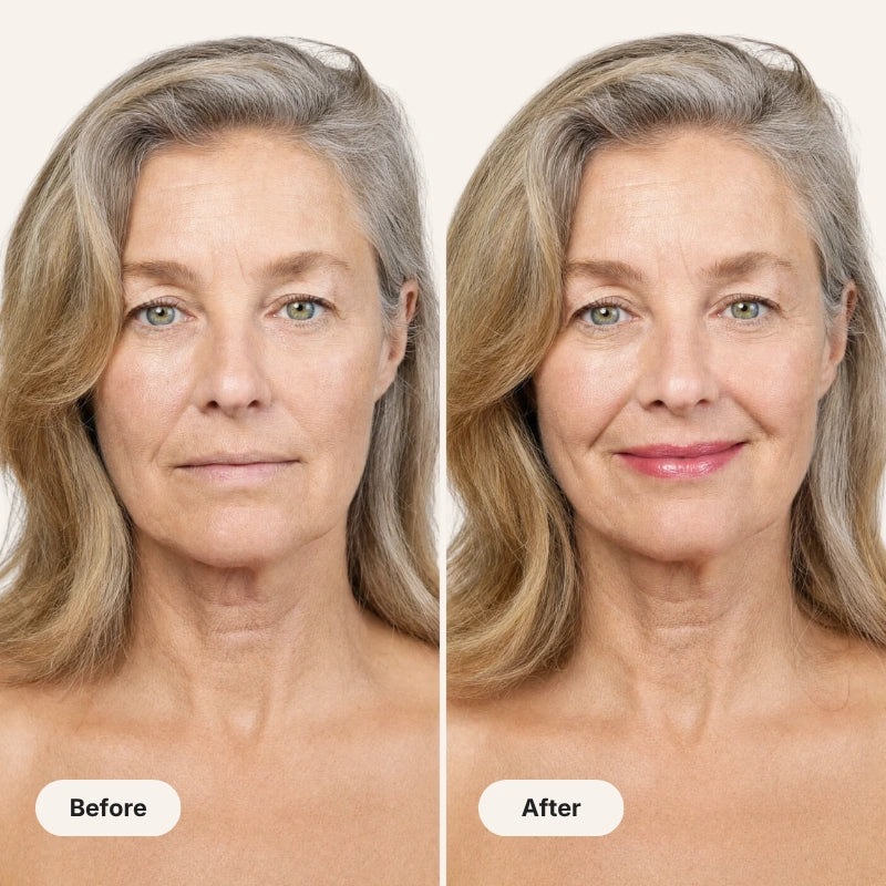 Before and after close-up of a woman's lips and skin using Pomence Signature Lipstick