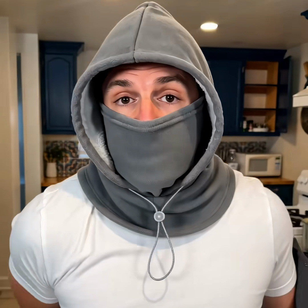 Man in the gray hood, face cover up, collar on shoulders