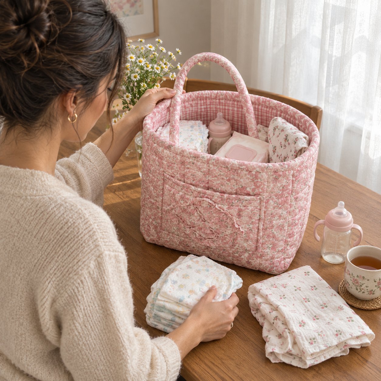 The quilted basket packed with everyday items