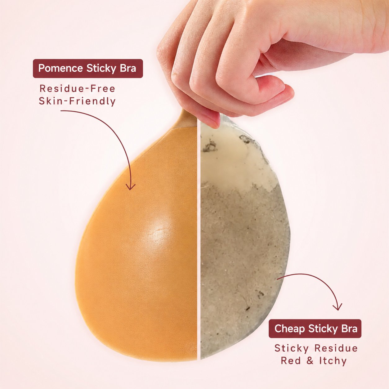 Close-up comparing the clean Pomence adhesive surface with a dirty cheap sticky bra