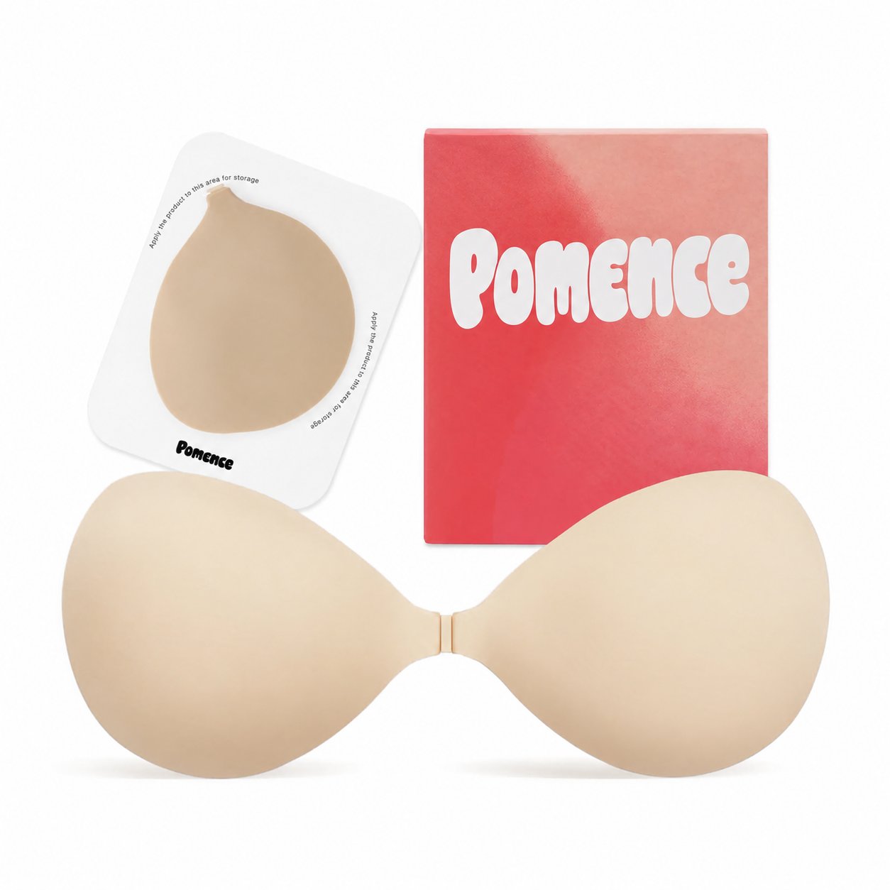 The Pomence Push-Up Sticky Bra with its storage board and box
