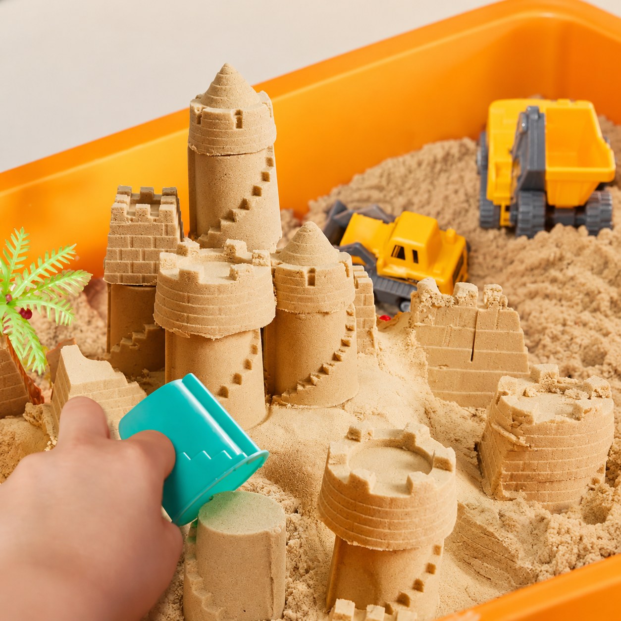Sand castles in the orange Pomence Sensory Bin with a small hand pressing a castle mold into the sand