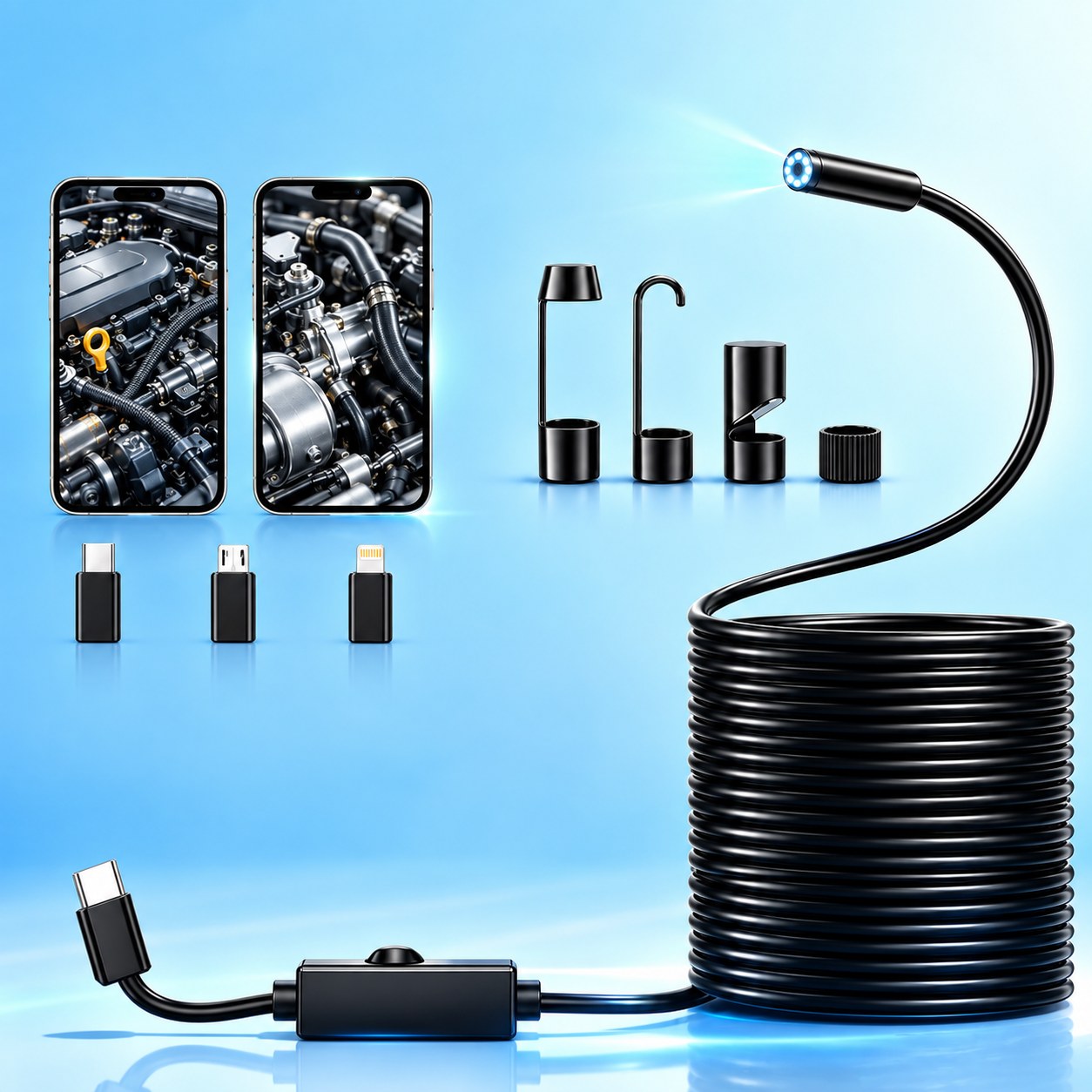 The Pomence Snake Inspection Camera with its coiled cable, phone adapters and tip tools, next to two phones showing an engine