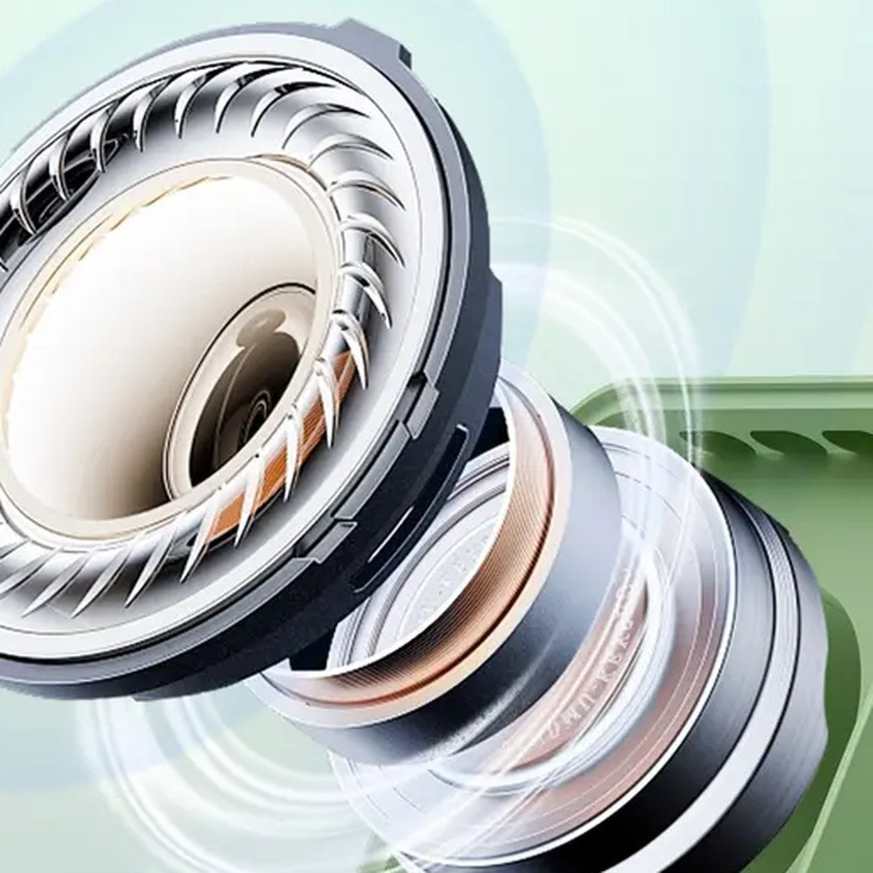 Close-up of the speaker driver inside the Pomence Speaker Phone Stand