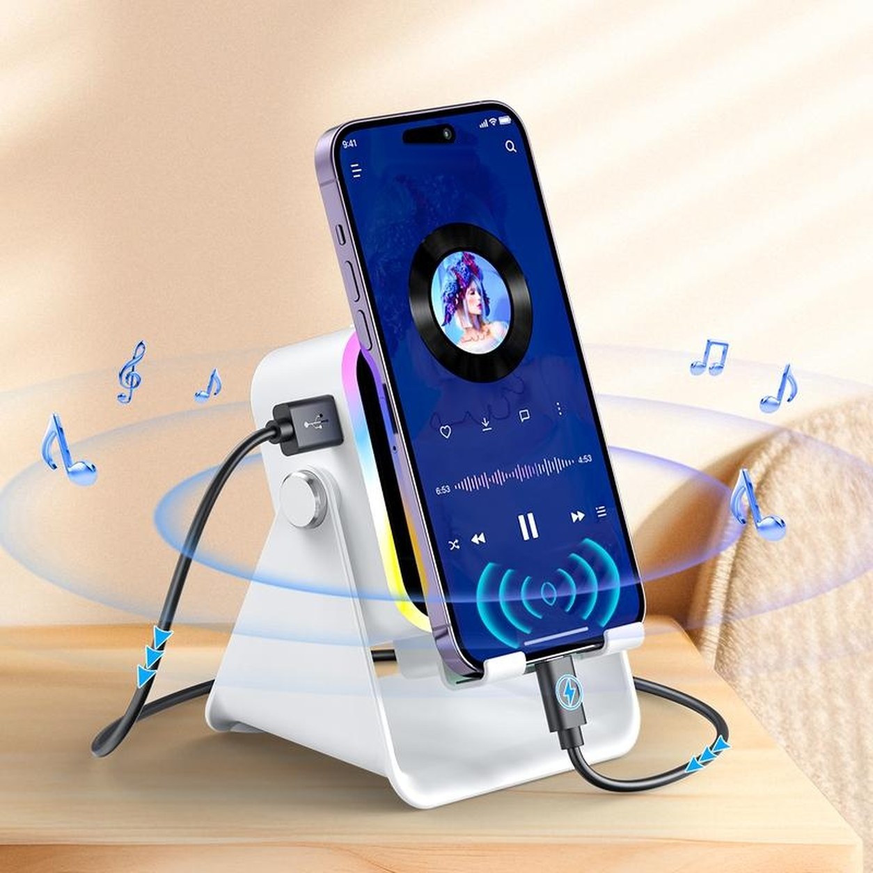 The white Pomence Speaker Phone Stand with a phone playing music on it