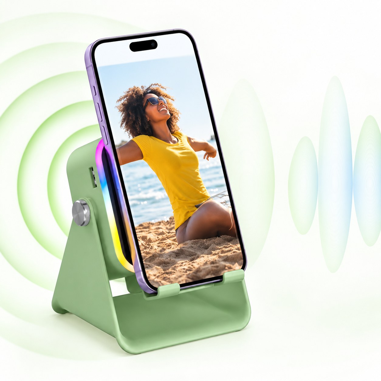 A phone standing on the green Pomence Speaker Phone Stand with its light ring glowing