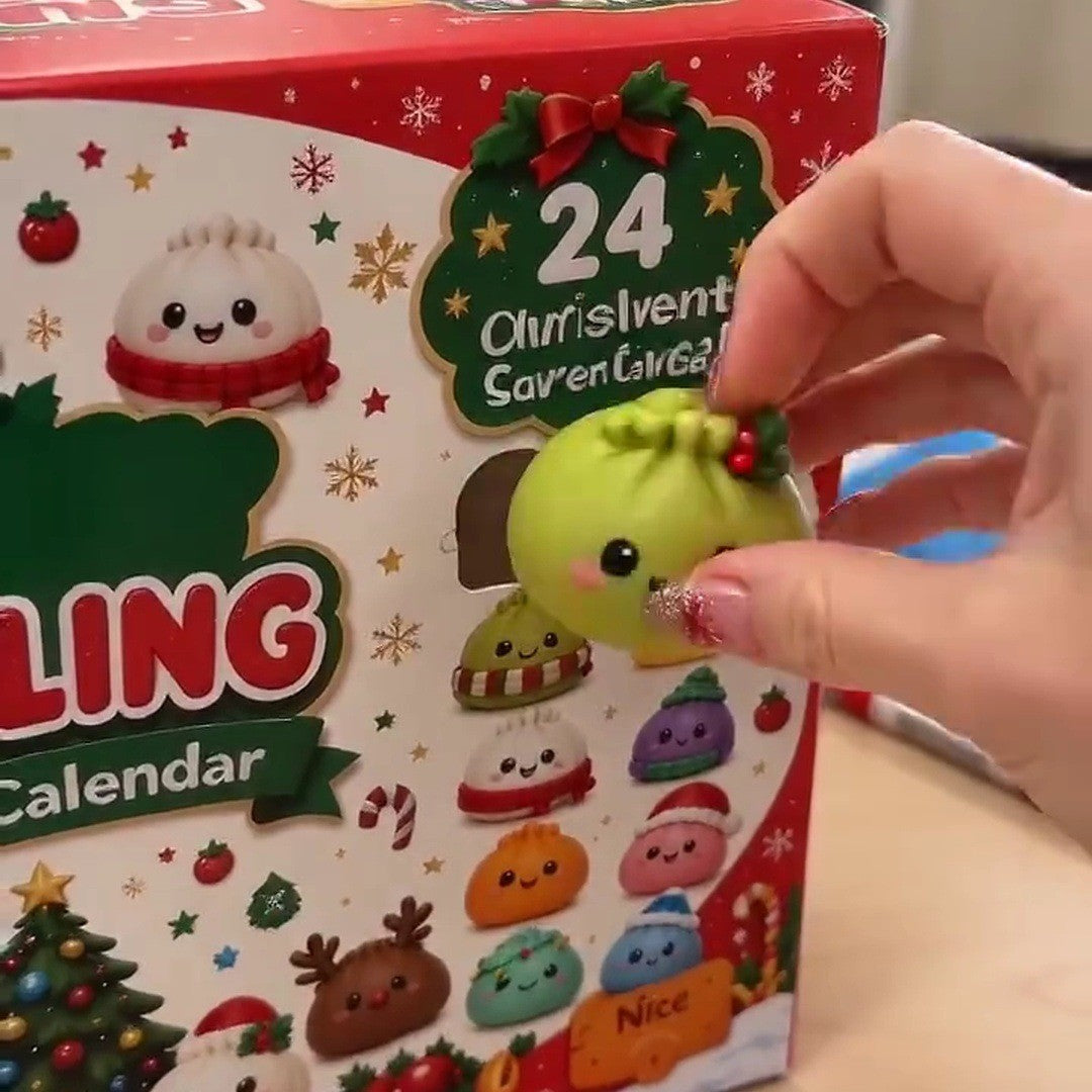 Hand lifting a green squishy from an open advent door