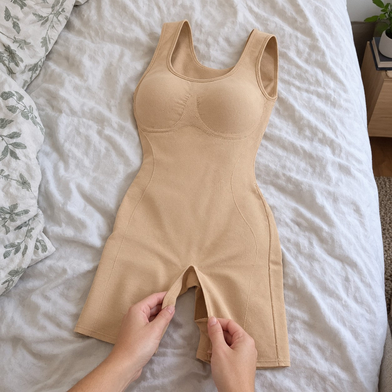 Hands showing the open drop-seat of beige bodysuit