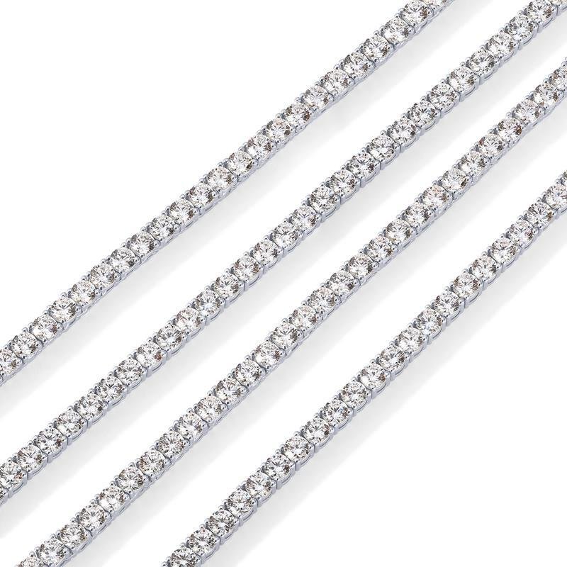 The silver tone Pomence Tennis Necklace, the continuous row of 2mm round cubic zirconia stones edge to edge