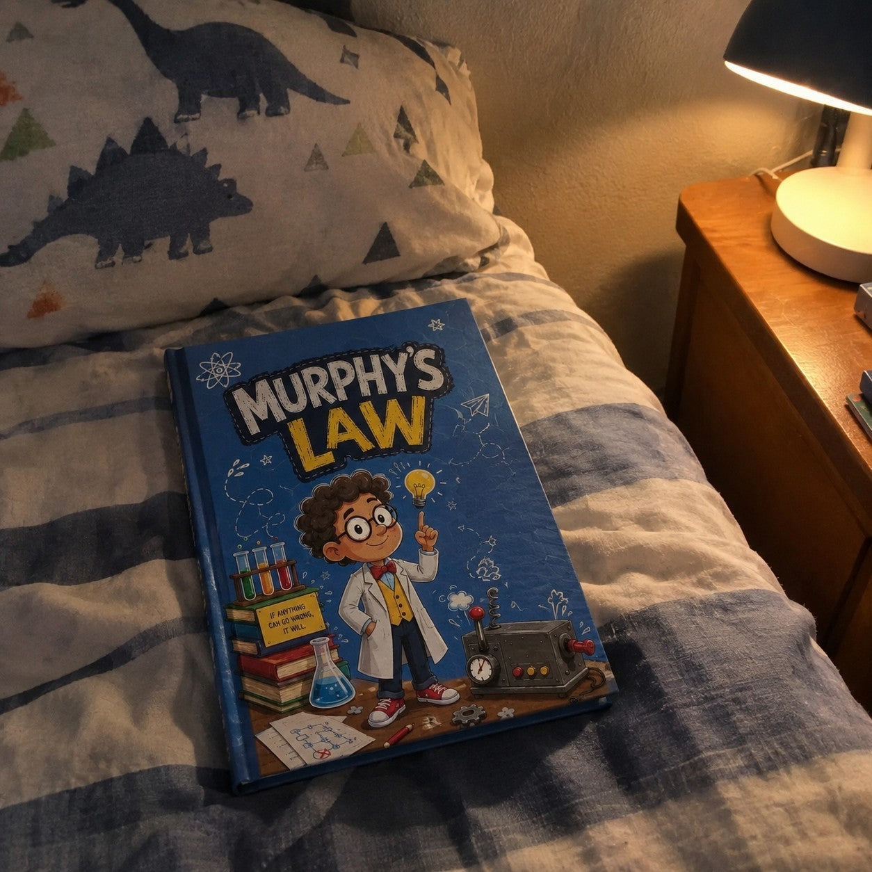 Blue book on a child's bed beside a reading lamp