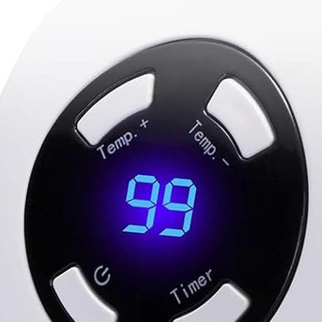 The round control panel and blue LED display of the Pomence Wall Outlet Heater