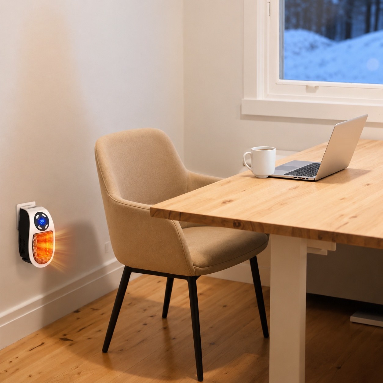 The Pomence Wall Outlet Heater plugged into the wall beside a desk in a home office by a snowy window