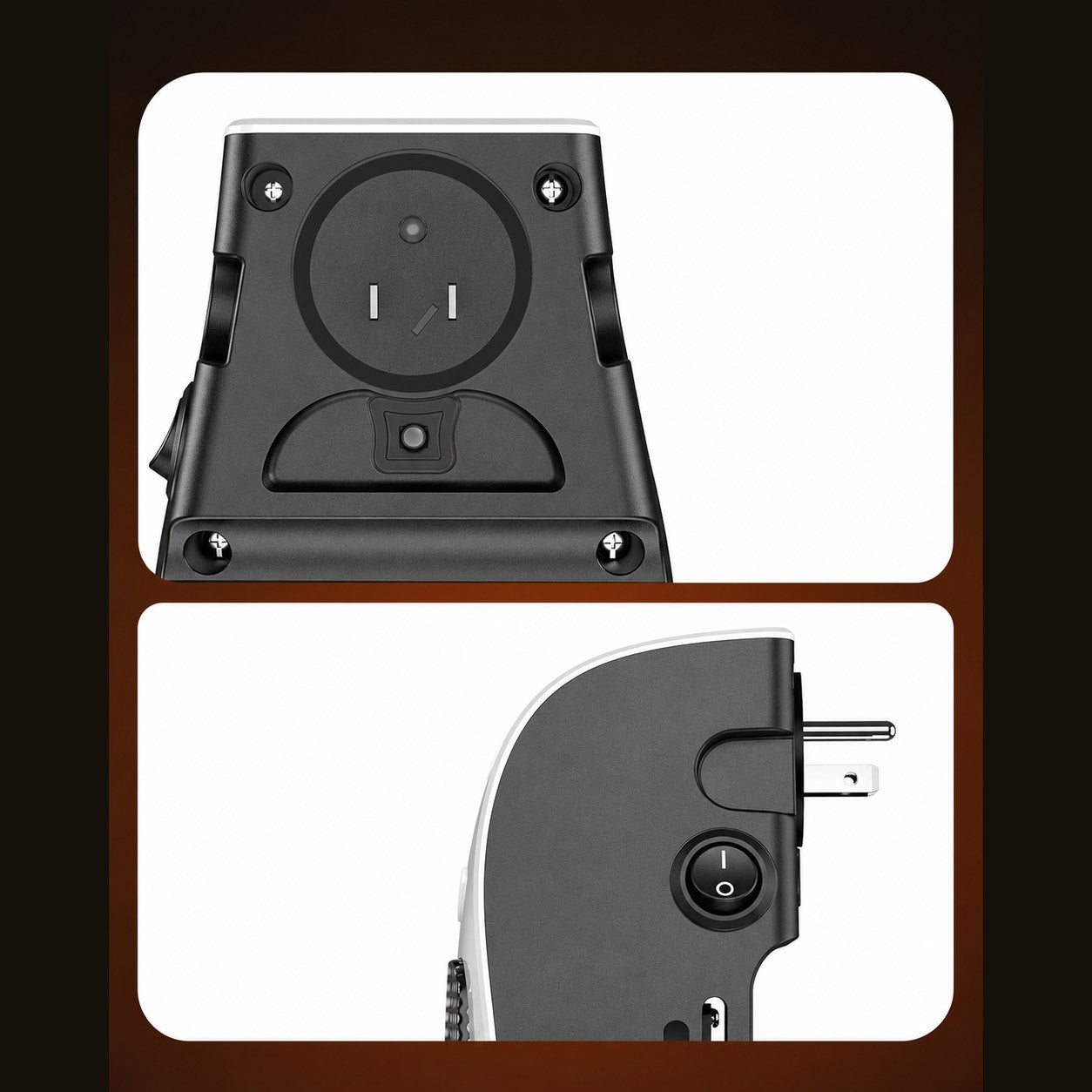 The back of the Pomence Wall Outlet Heater with its turning plug, and the power switch on its side