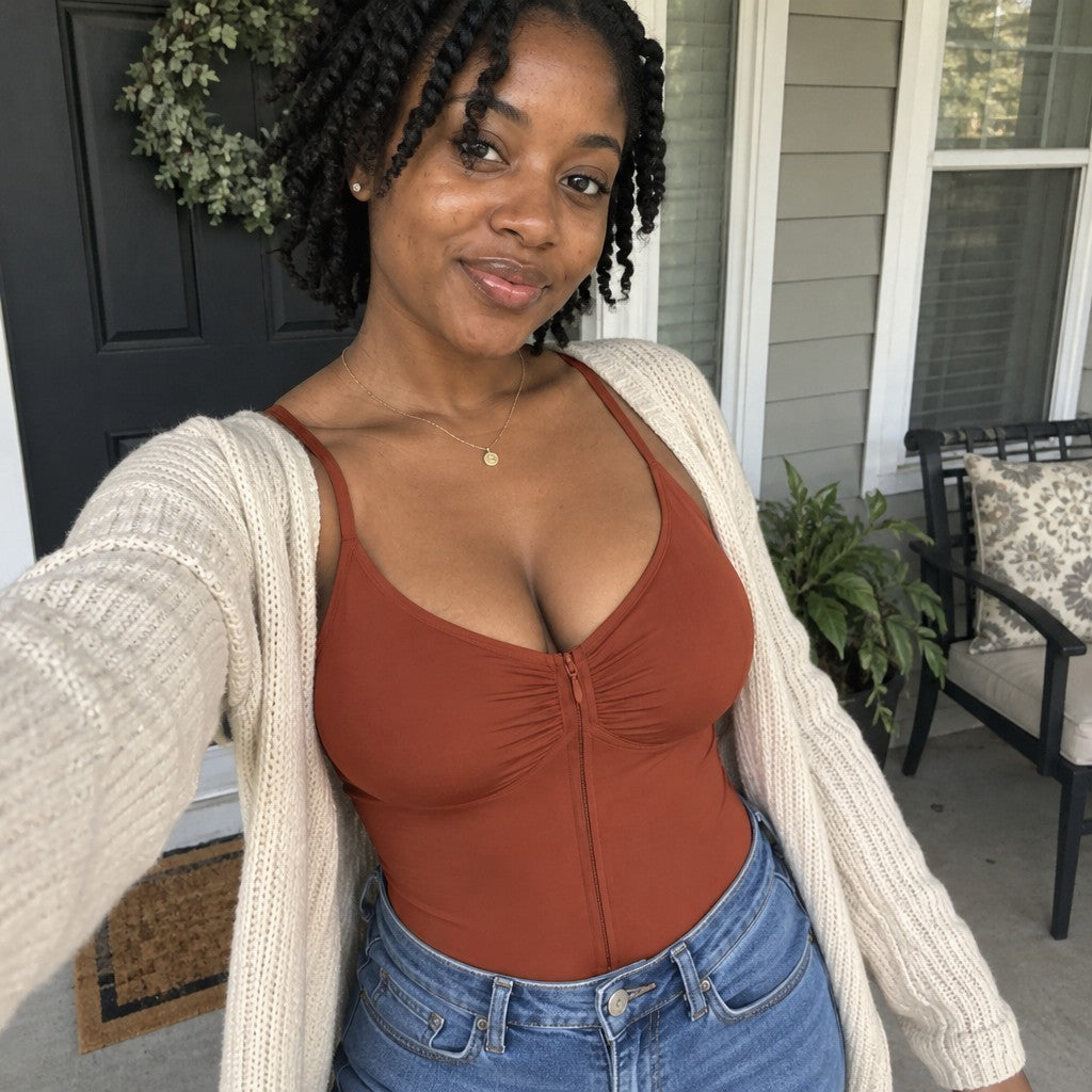 Woman on a porch in a Mahogany bodysuit with jeans